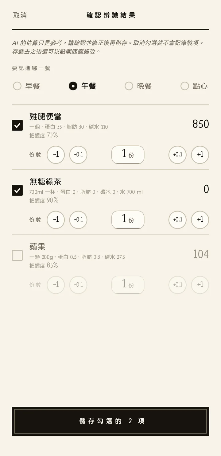 確認辨識結果：雞腿便當、無糖綠茶已勾選，蘋果取消勾選