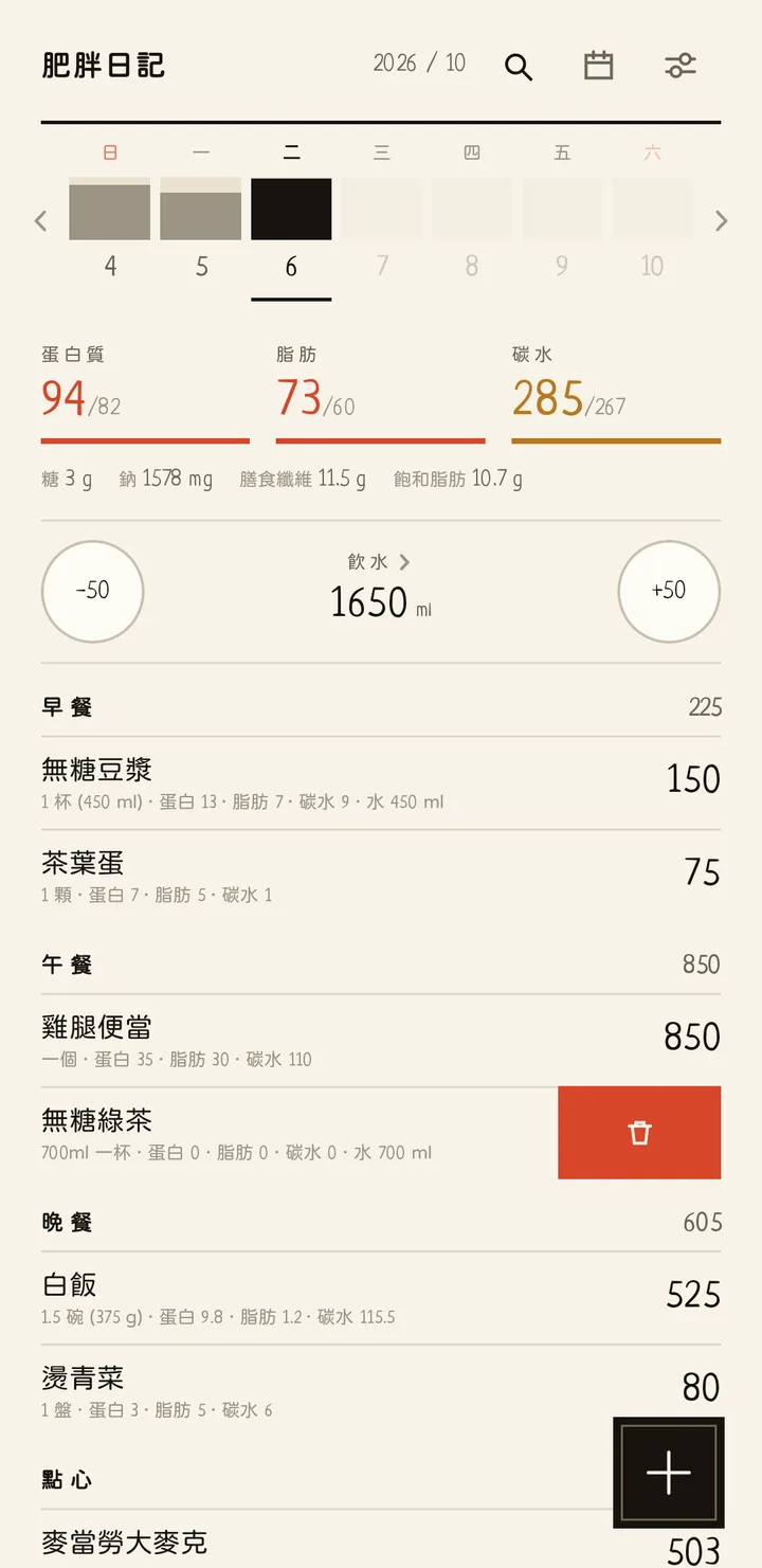 今日頁：一筆紀錄往左滑開，露出刪除